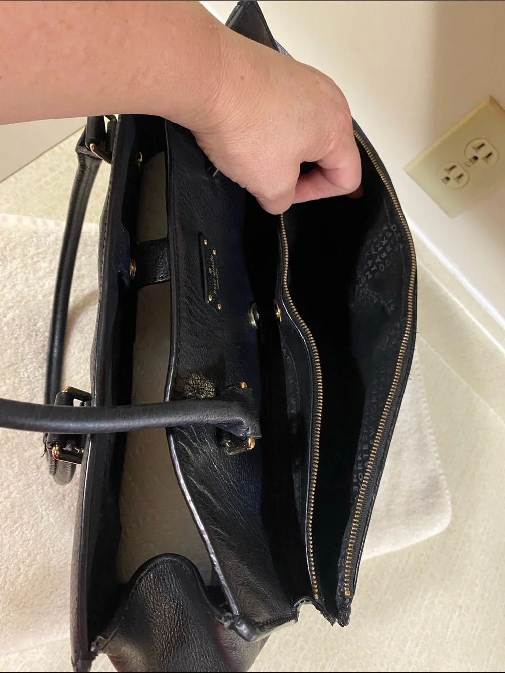 kate spade Black Leather Structured Tote with Gold Plaque